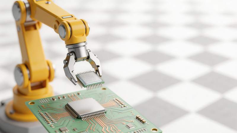 黄色机械臂精准安装芯片至电路板图片