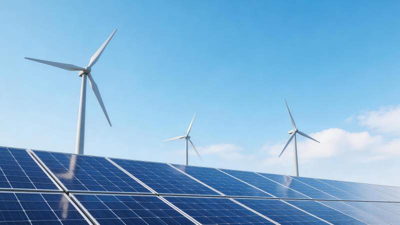 太阳能板与风力发电机并列清洁能源设施图片