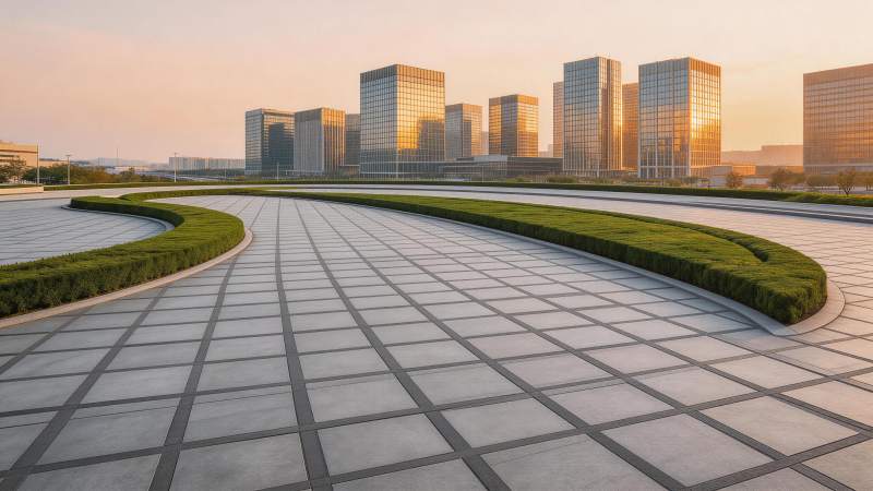 现代城市广场与玻璃幕墙高楼群落日景观图片