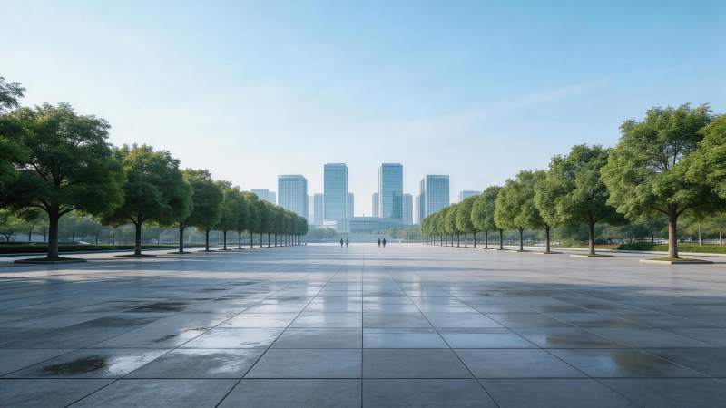 城市广场两侧绿树成行远处高楼林立图片