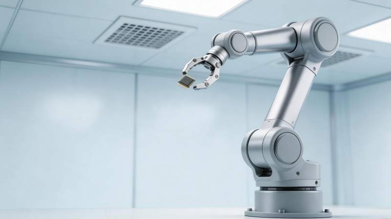 工业机械臂精准抓取芯片组件图片