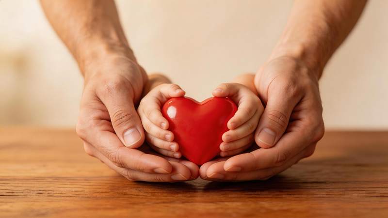 成人双手与儿童小手共同捧着红色心形物体图片