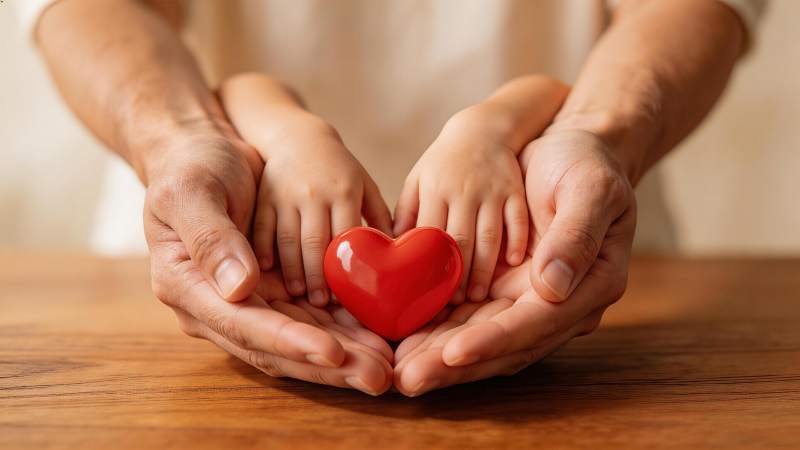 成人与儿童双手捧着红色心形物体图片