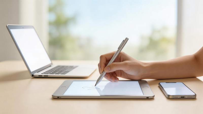 手握触控笔在平板上书写操作设备图片