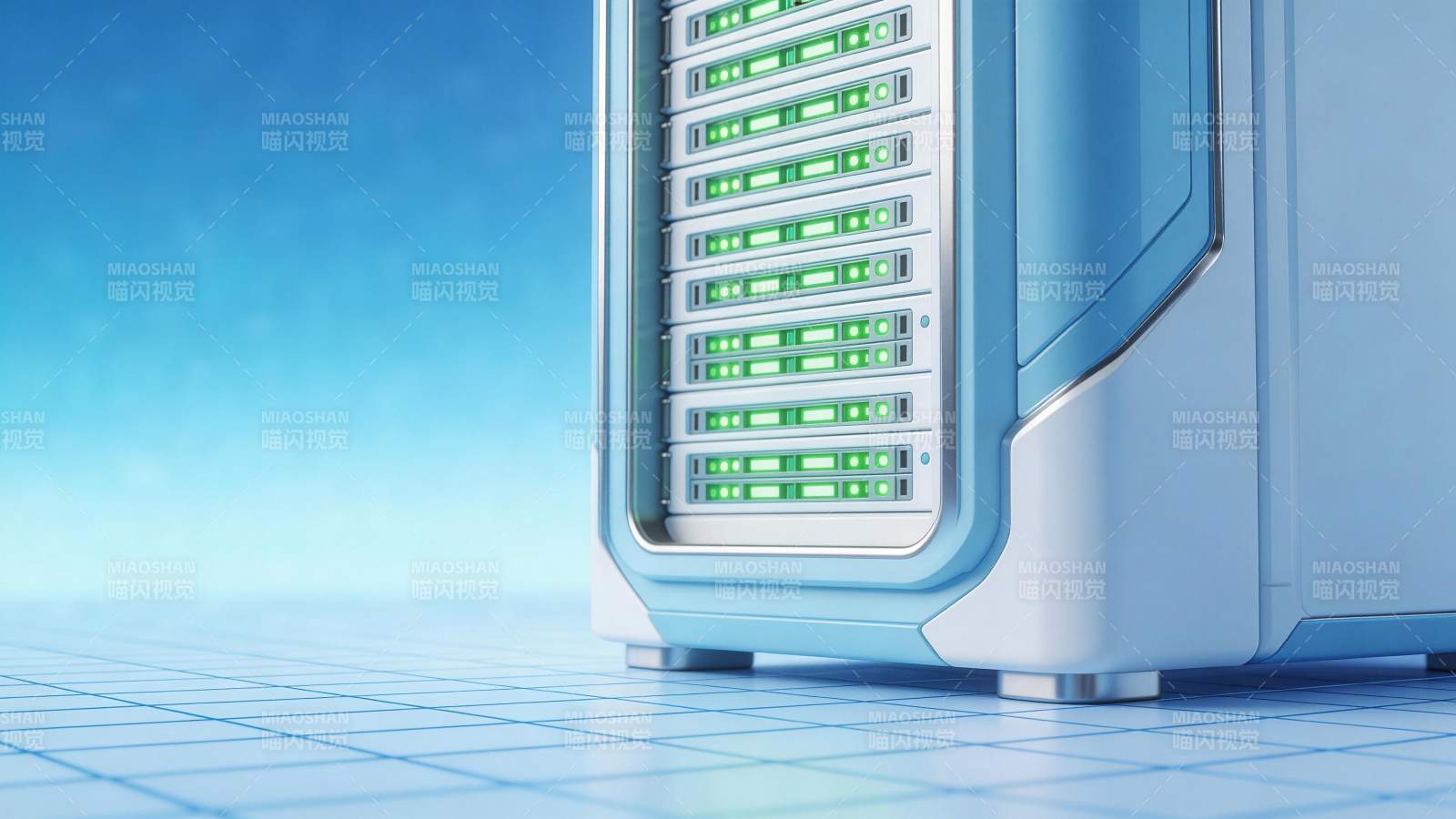 蓝色机柜式服务器设备运行状态特写图片