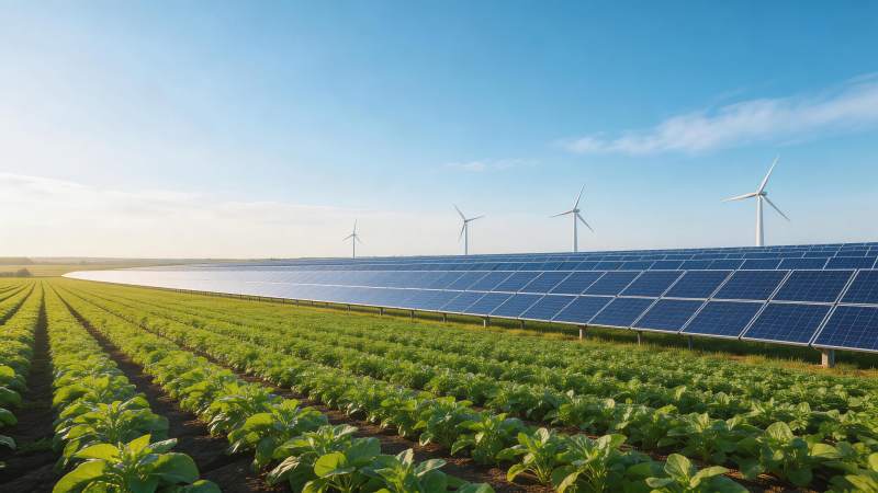 农田中排列整齐的太阳能板与风力发电机图片