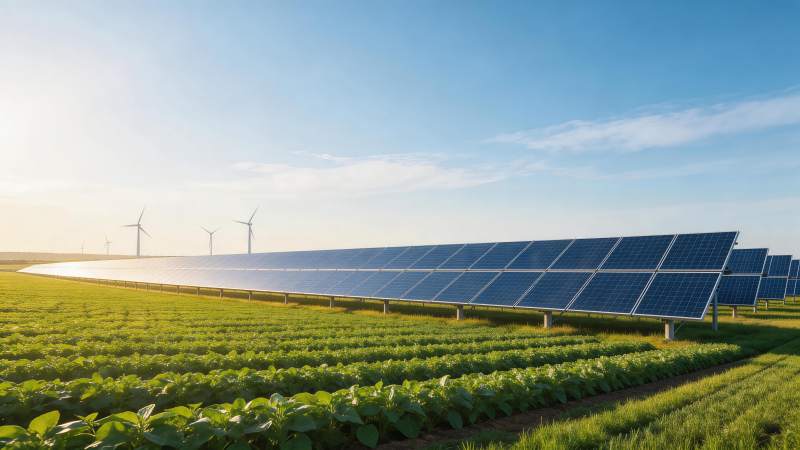 田野中排列整齐的太阳能板与远处风力发电机图片