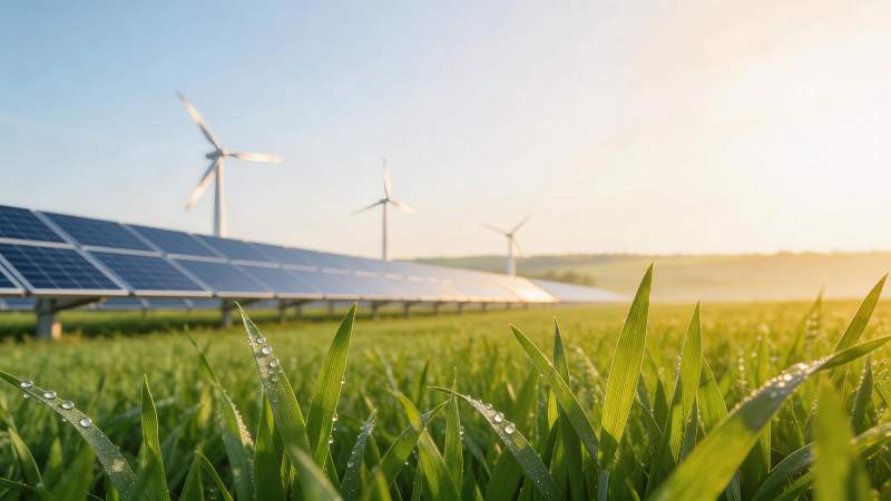 清晨田野中太阳能板与风力发电机并存景象图片