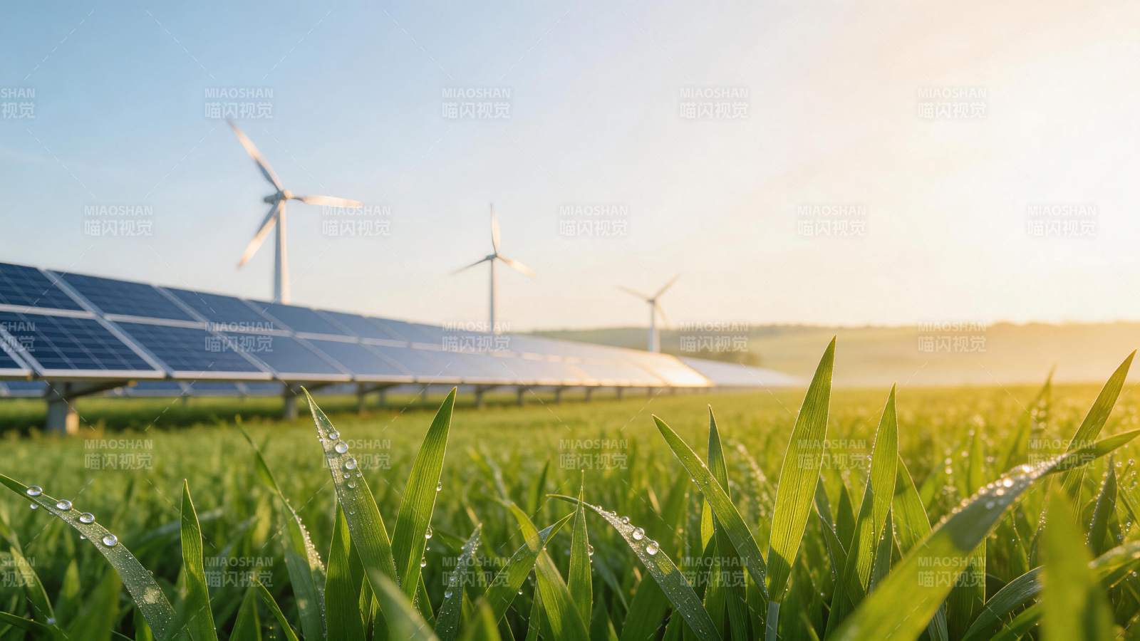 清晨田野中太阳能板与风力发电机并存景象图片