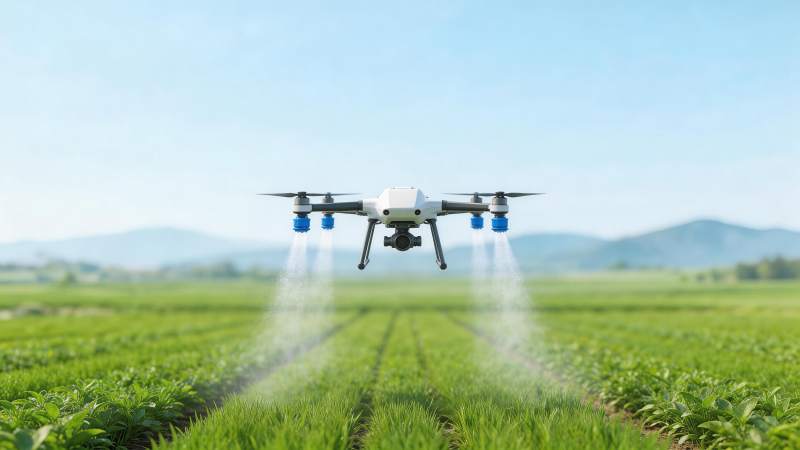 农业无人机在绿色农田上喷洒作业图片