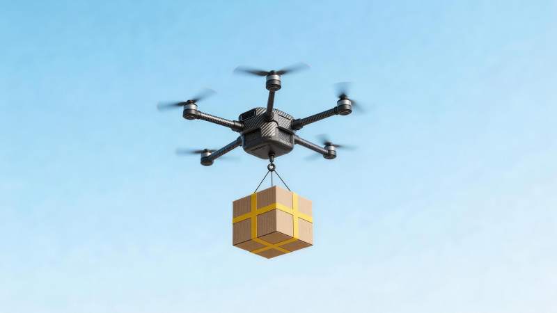 无人机悬挂纸箱在蓝天中飞行运输图片