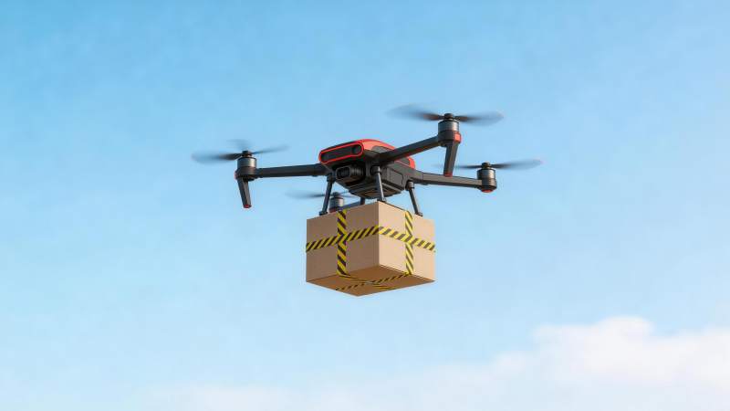 四轴无人机携带纸箱在空中飞行图片