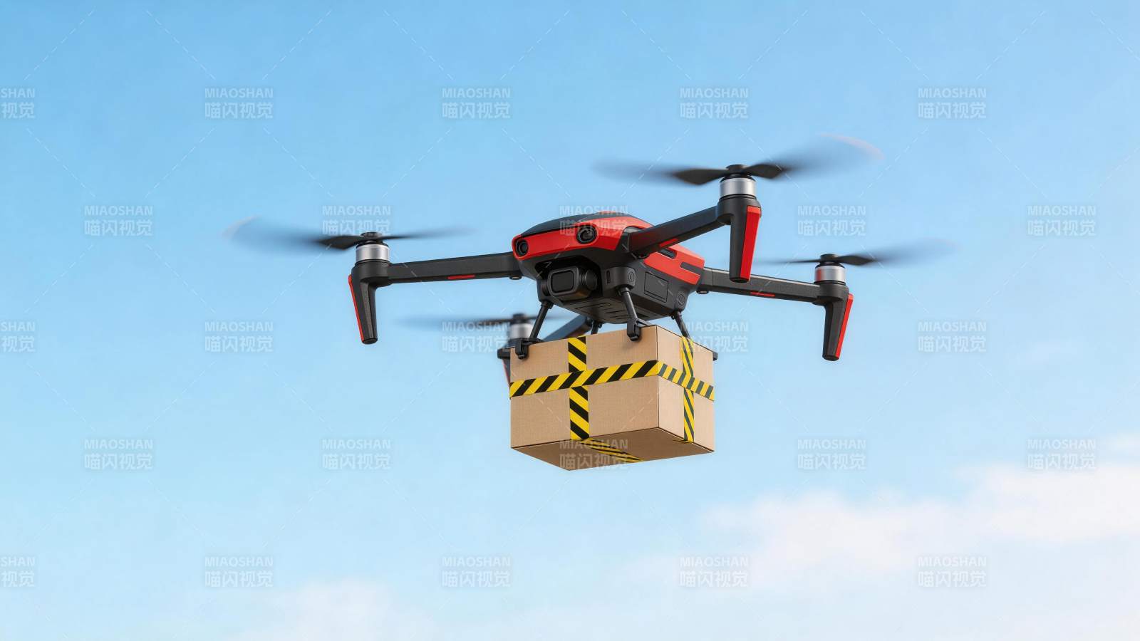 红色无人机携带纸箱在蓝天中飞行图片