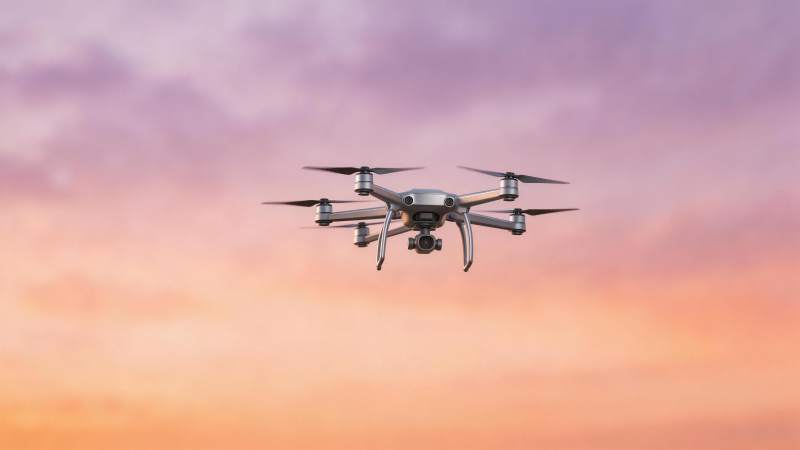 四轴无人机在粉紫渐变天空中飞行图片