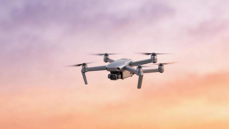 四轴无人机在黄昏天空中飞行拍摄图片