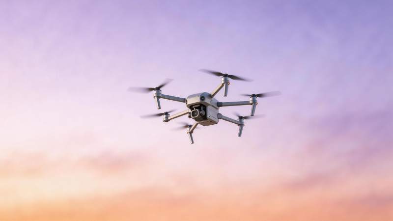 四轴无人机在渐变色天空中飞行拍摄图片