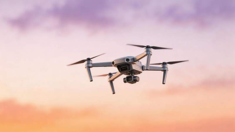 四轴无人机在黄昏天空中飞行拍摄图片