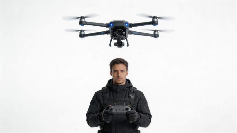 男子手持遥控器操控空中无人机设备图片