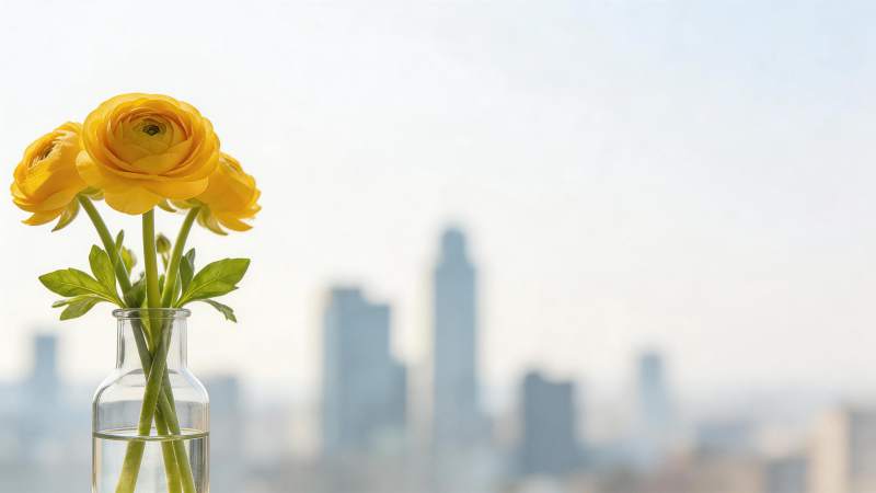 黄色花朵插在玻璃瓶中背景为城市天际线图片