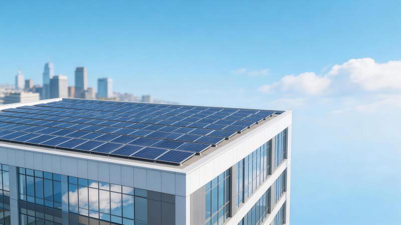 现代建筑屋顶安装蓝色太阳能光伏板图片