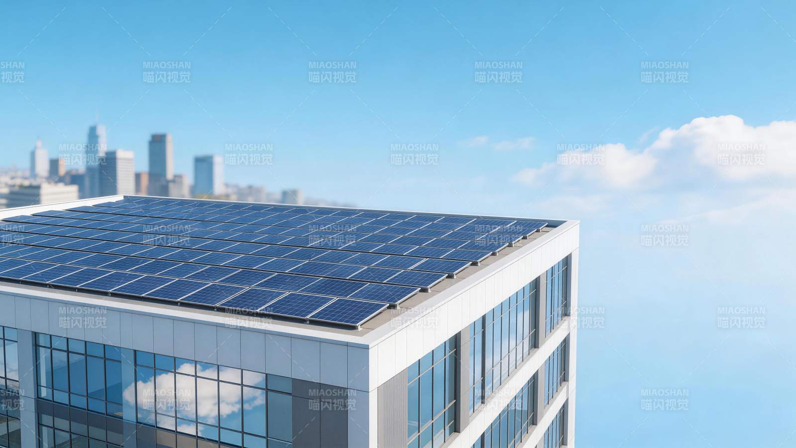 现代建筑屋顶安装蓝色太阳能光伏板图片