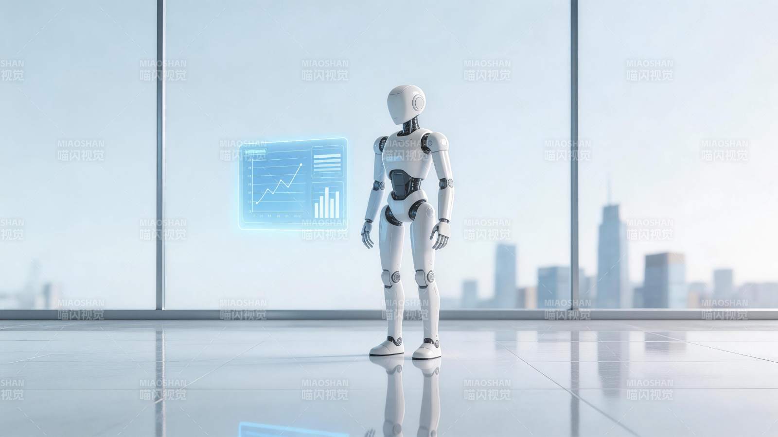 白色人形机器人站立于落地窗前观察数据图表图片