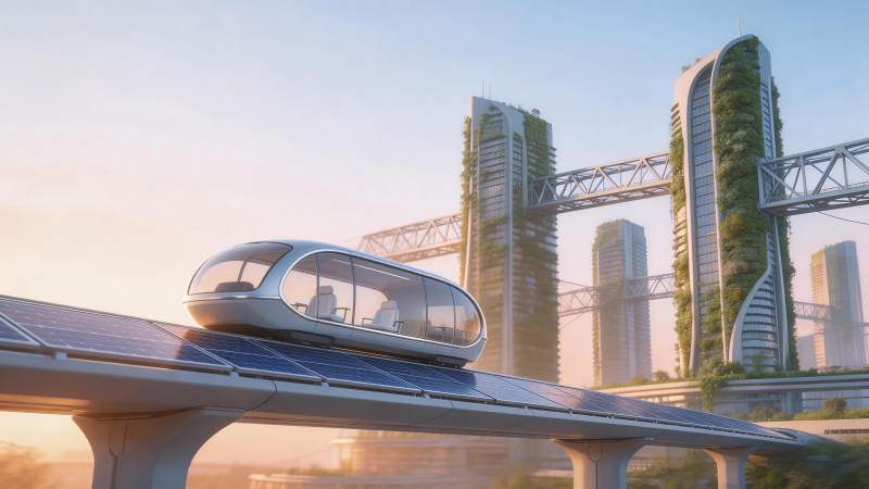 未来城市中太阳能轨道列车穿行绿植高楼间图片
