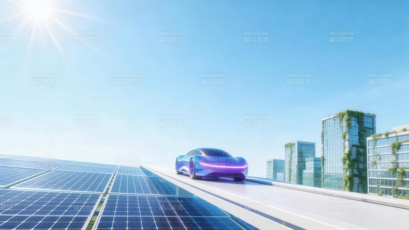 未来感紫色电车行驶在太阳能板覆盖的高架路图片