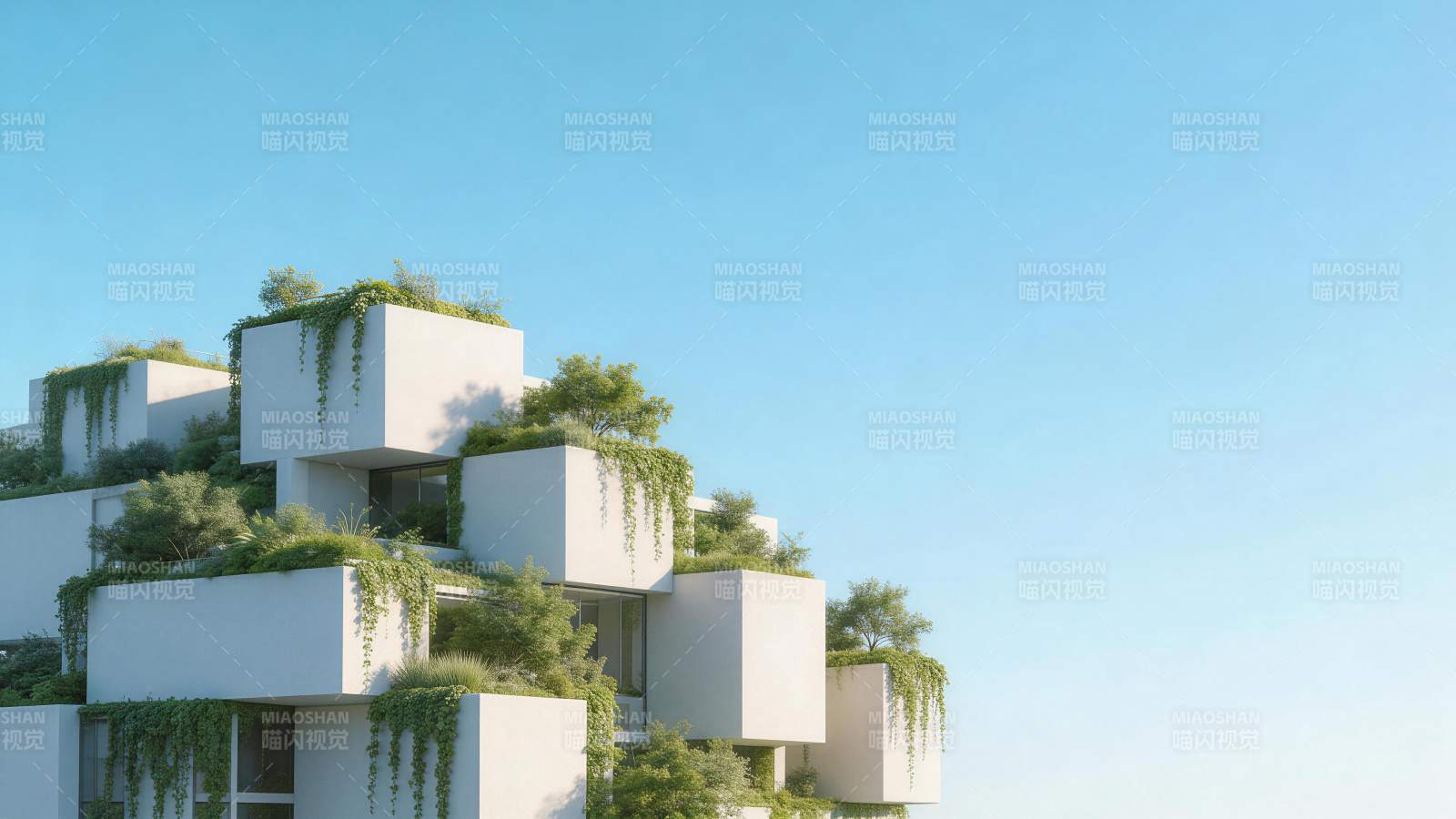 白色立方体建筑群覆满绿色植物景观图片