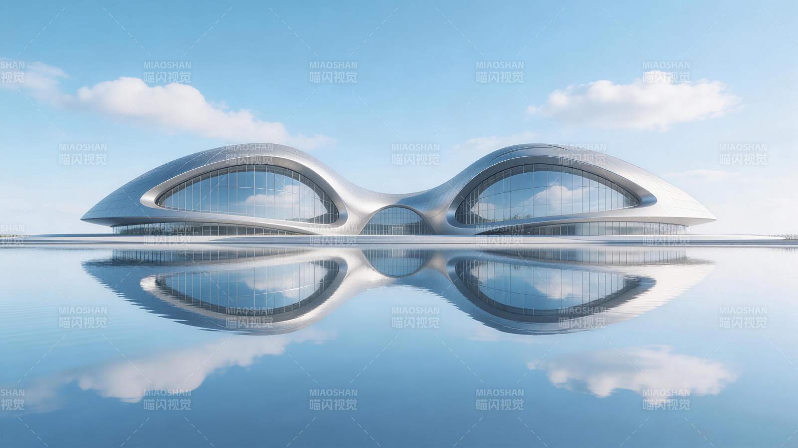 流线型金属建筑倒映在平静水面之上图片