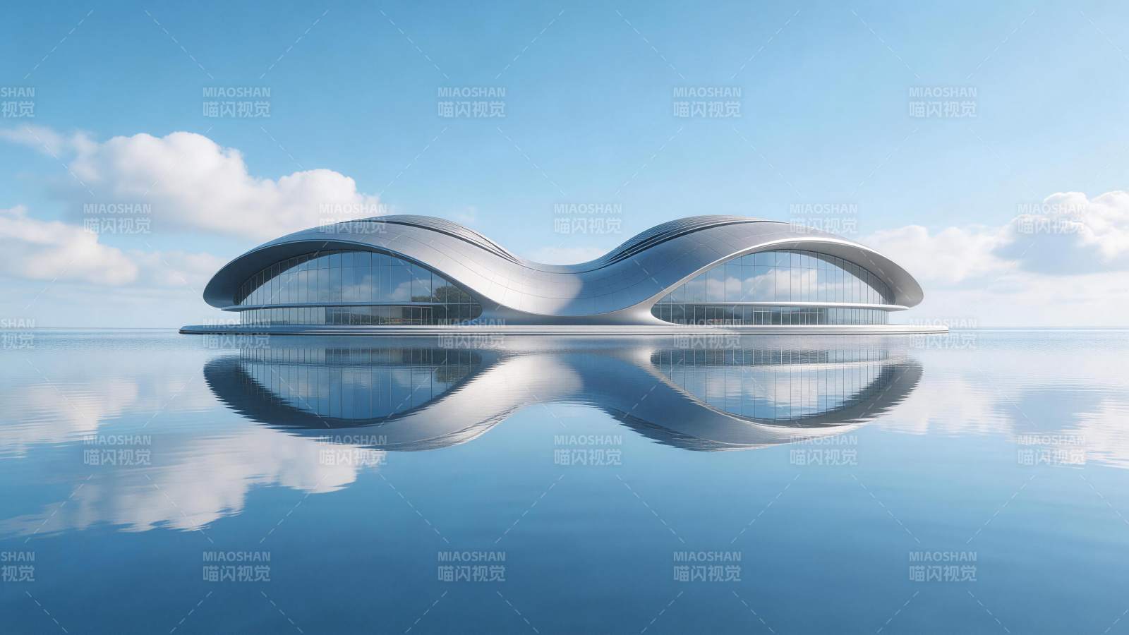 流线型未来建筑漂浮于平静水面之上图片