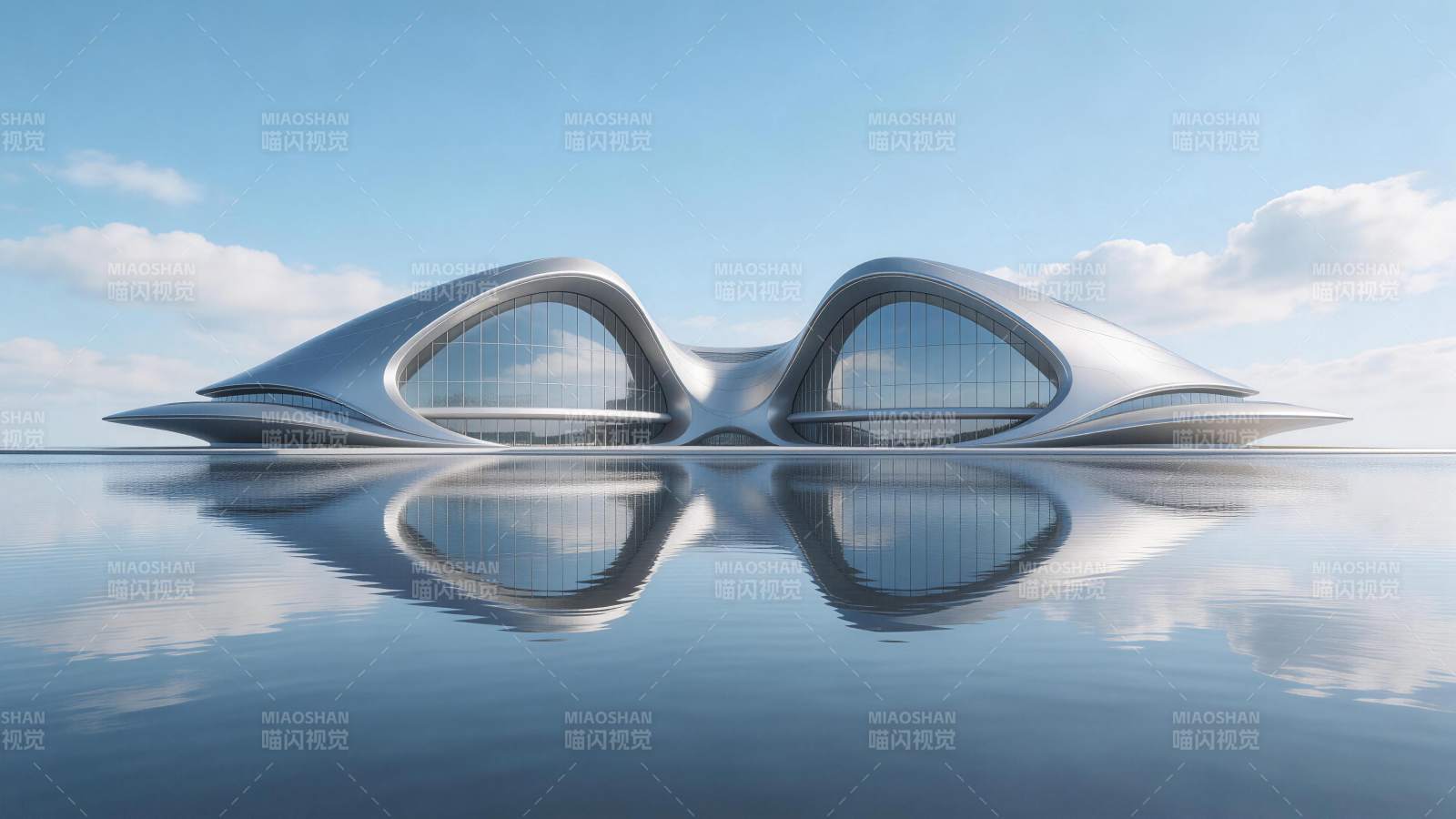 流线型未来主义建筑倒映在平静水面之上图片