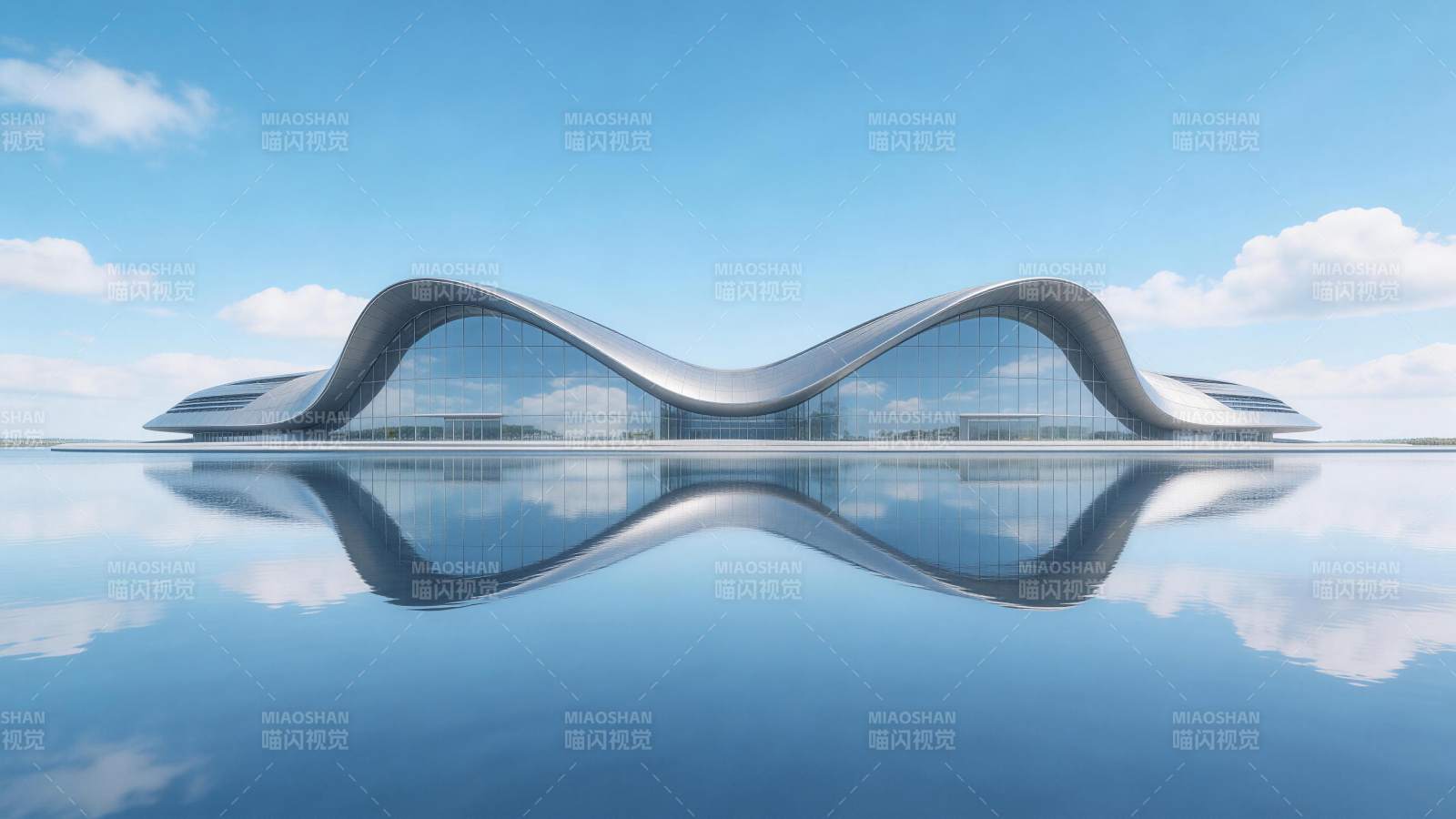 波浪形玻璃幕墙现代建筑倒映水面图片