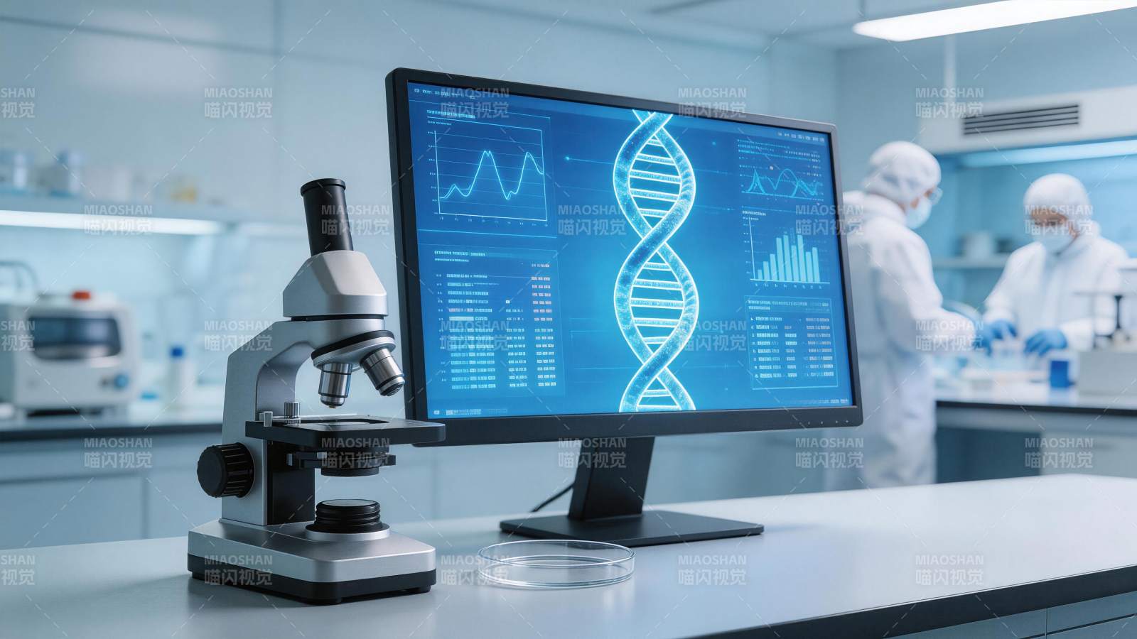 实验室显微镜与DNA数据屏幕工作场景图片