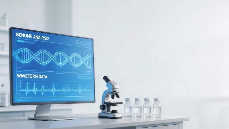 基因分析屏幕与显微镜试剂瓶实验台场景图片