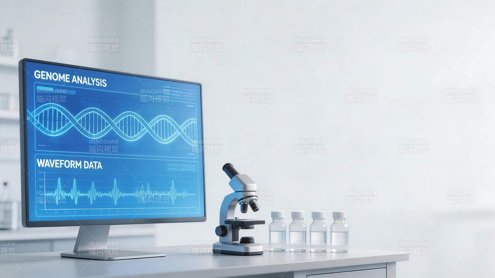 基因分析屏幕与显微镜试剂瓶实验台场景图片