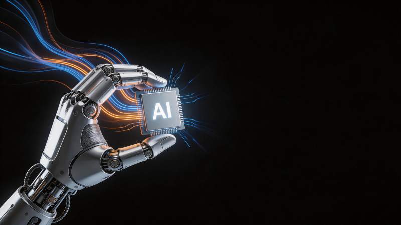 机械手臂握持标有AI字样的芯片模块图片