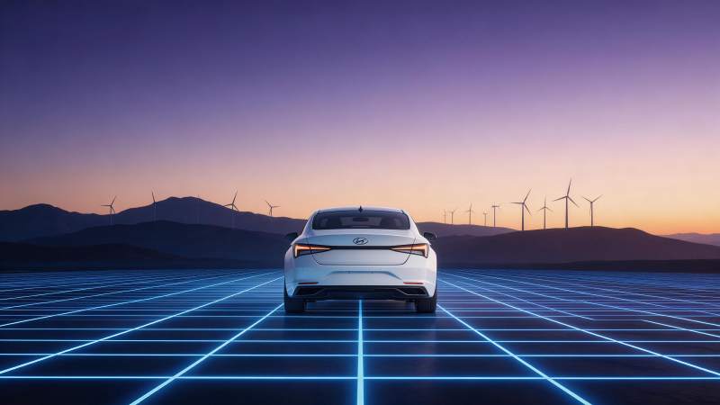 白色轿车停在发光网格地面风力发电背景前图片