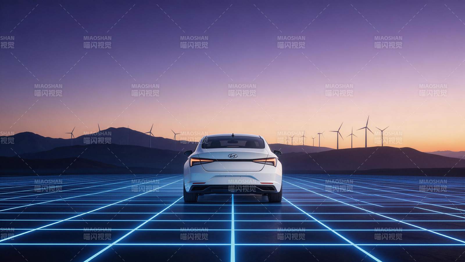 白色轿车停在发光网格地面风力发电背景前图片