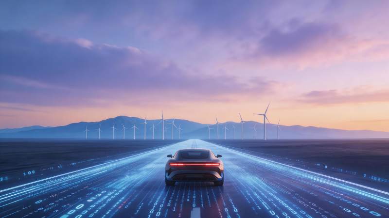 智能汽车行驶在数字光轨公路上风力发电场背图片