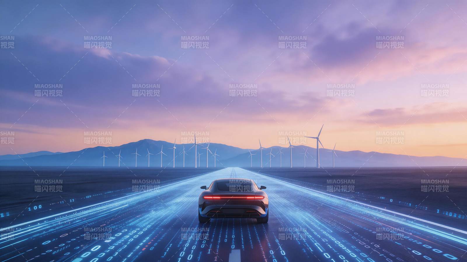 智能汽车行驶在数字光轨公路上风力发电场背图片