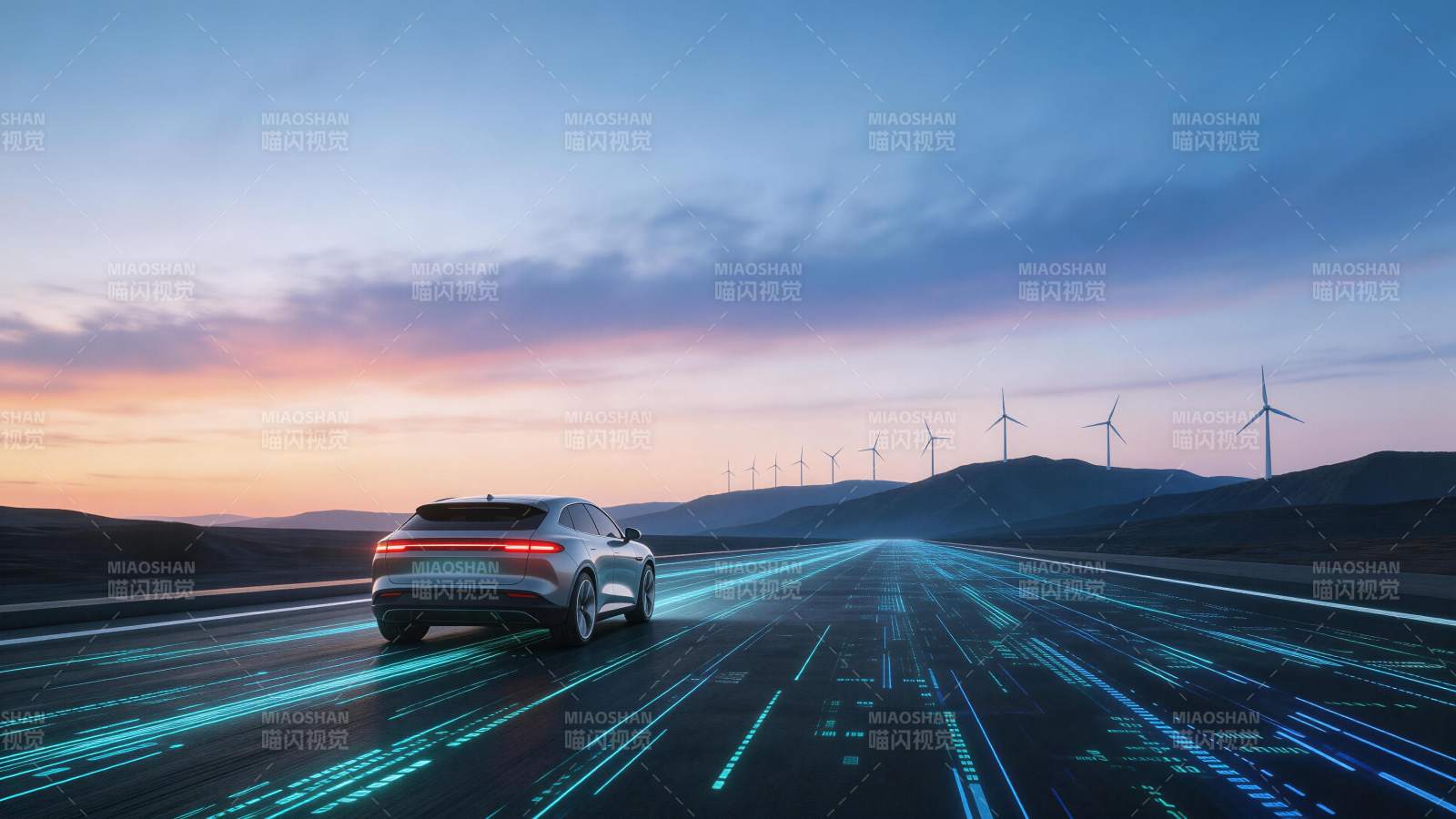 智能汽车行驶在数字光轨公路上图片