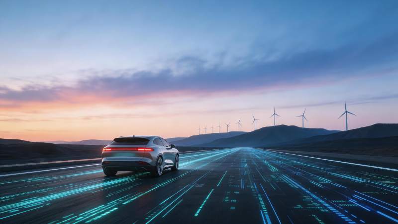 智能汽车行驶在数字光轨公路上图片