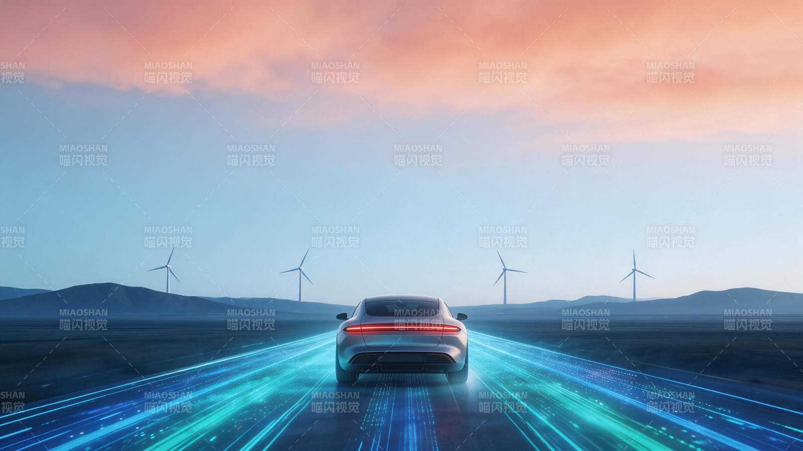 银色轿车行驶在发光道路上风力发电机林立图片