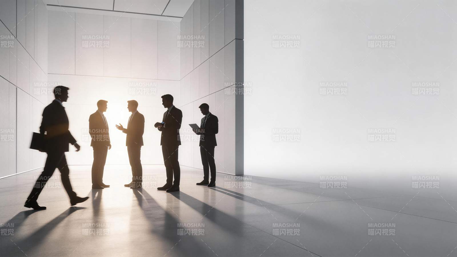 现代办公空间中五位商务人士交流场景图片