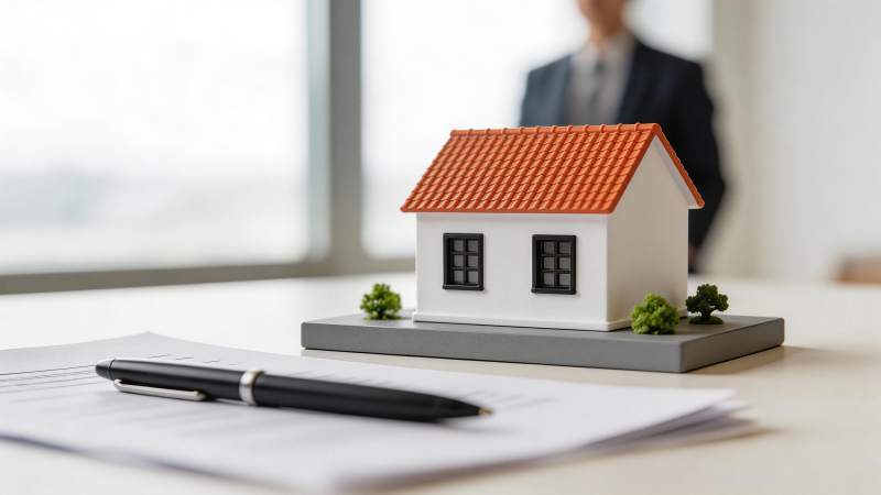 办公桌上房屋模型与合同文件特写图片