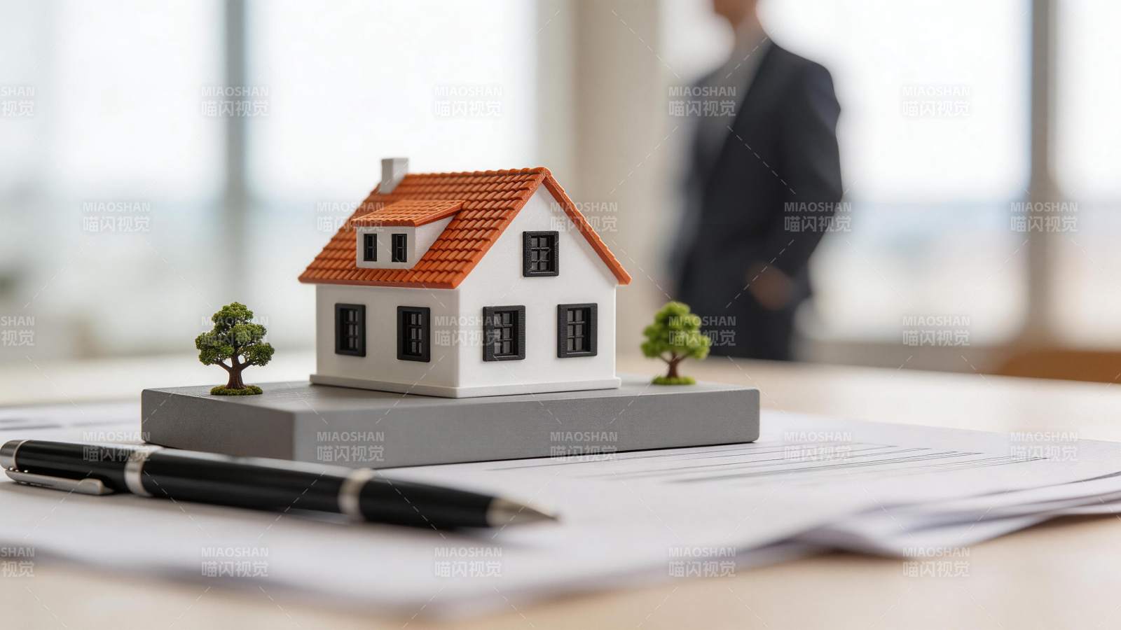 微型房屋模型置于文件与钢笔旁的办公场景图片
