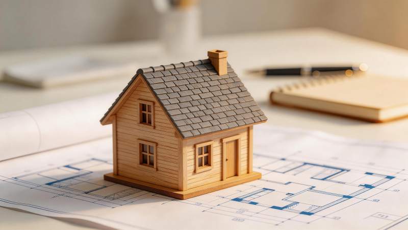 木质房屋模型置于建筑图纸之上图片