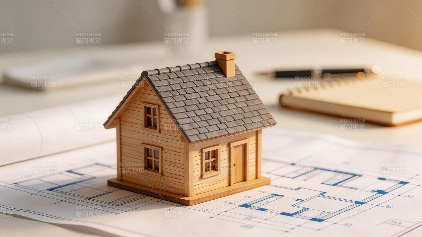 木质房屋模型置于建筑图纸之上图片