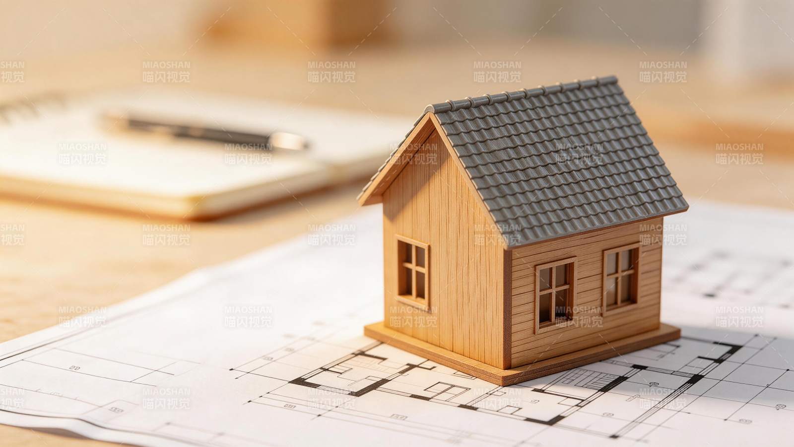 木质房屋模型置于建筑图纸之上图片
